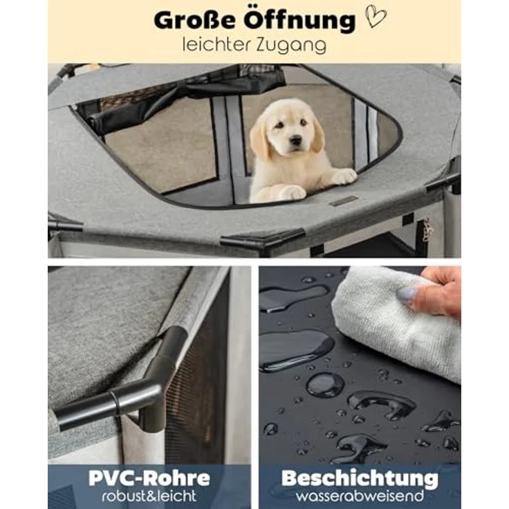lionto Welpenauslauf, achteckiger Hundekäfig aus Oxford-Gewebe mit PVC-Rahmen, atmungsaktives Netz, Reißverschluss & Seitentasche, 112x112x62 cm, grau – Bild 3
