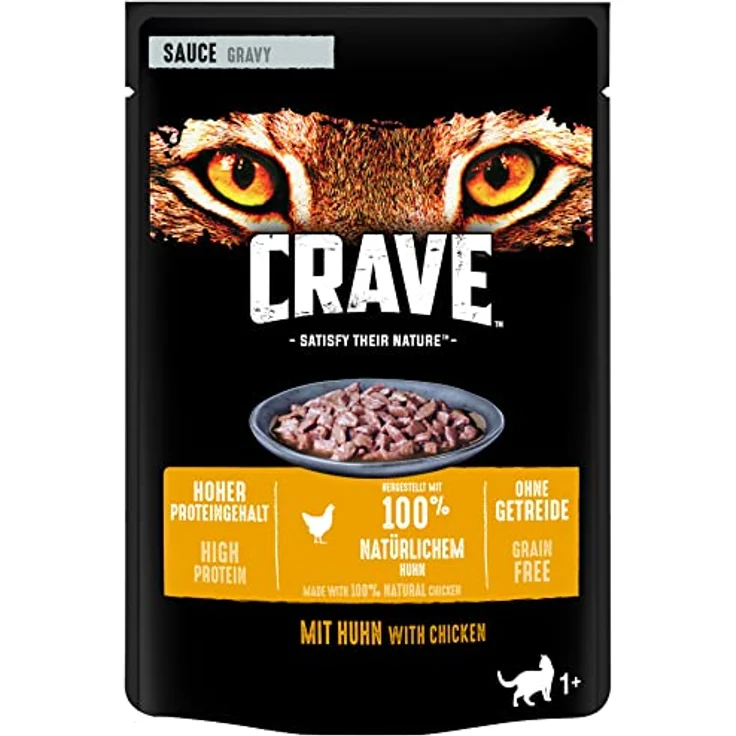 CRAVE Katze Portionsbeutel Sauce mit Huhn, 28 x 85g, proteinreiche Katzennahrung für starke Katzen – Bild 2
