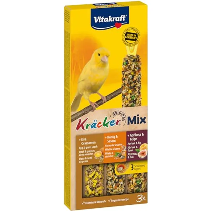 Vitakraft Kräcker Mix, Vogelsnack Knabberstangen mit Ei, Grassamen, Aprikose, Feige, Honig und Sesam, zur Schnabelpflege, ohne Zucker, 80g