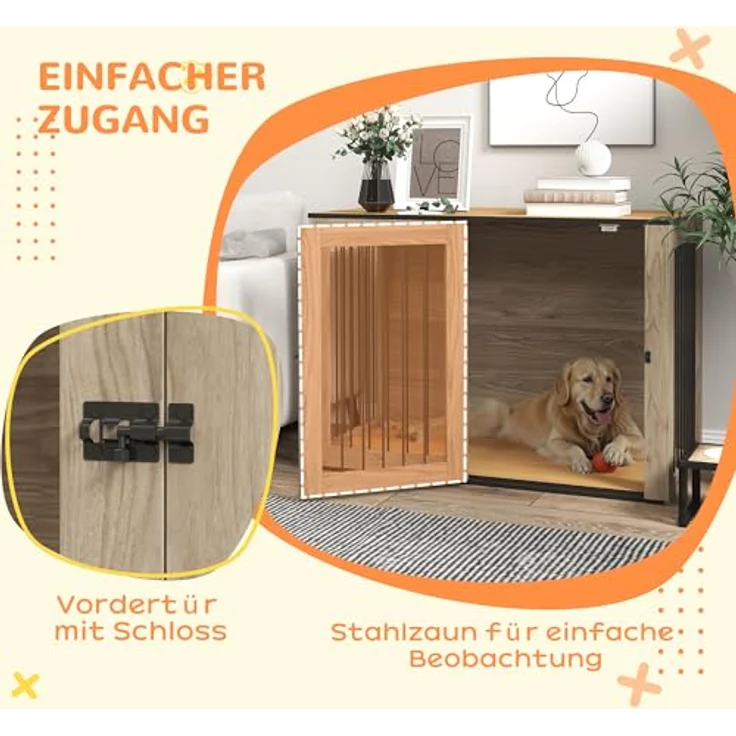 PawHut Hundekäfig Möbel, moderne Stahl Hundebox mit Türen und Fenster, geeignet für große Hunde bis 30 kg, Eiche, 106 x 60 x 76 cm – Bild 4