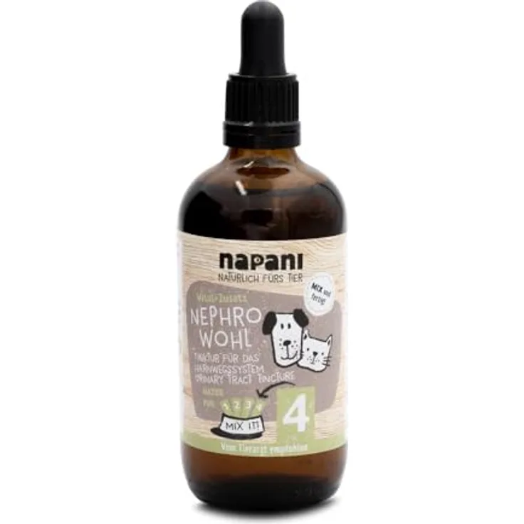 napani NephroWohl Harnwegs-Tinktur für Hunde & Katzen, Unterstützt gesunde Harnwege und Nierenfunktion, Mit Goldrute, Cranberry, Brennnessel & Löwenzahn, 100ml