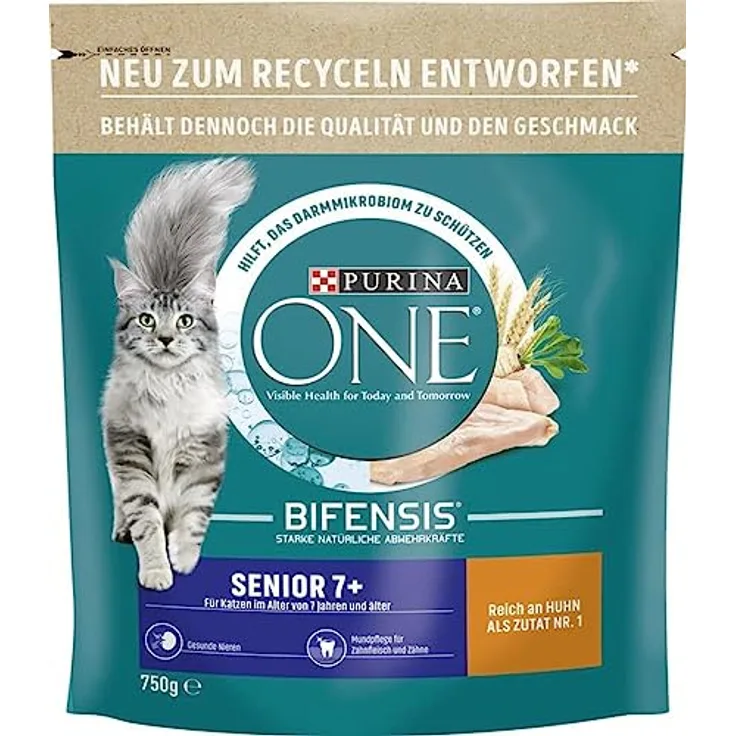 Purina ONE Bifensis Senior Katzenfutter Huhn & Vollkorn, 0,75 kg, für gesunde Nieren und Zahnpflege, stärkt natürliche Abwehrkräfte