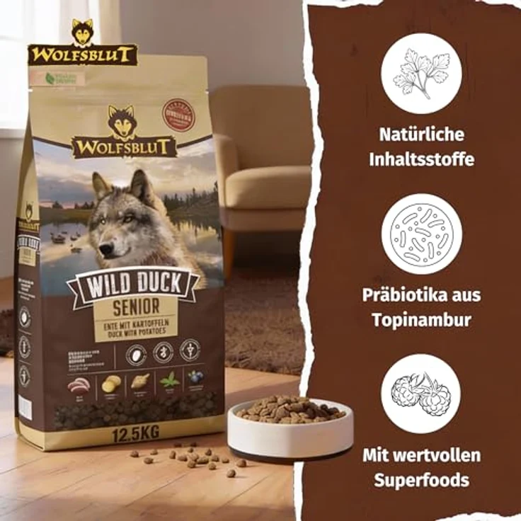 Wolfsblut Wild Duck Senior, Hunde-Trockenfutter 12,5 kg, getreidefrei mit Ente, Kartoffeln und Superfoods für ausgewachsene Hunde ab 7 – Bild 4