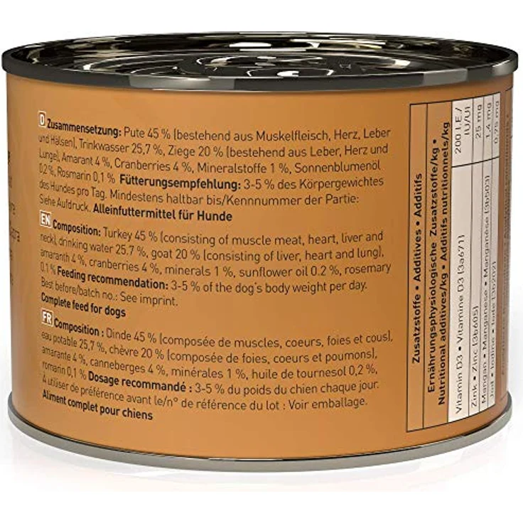 Dogz finefood Hundefutter nass N° 8 Pute & Ziege, getreidefrei & zuckerfrei, hoher Fleischanteil 65%, 6 x 200 g Dose – Bild 3