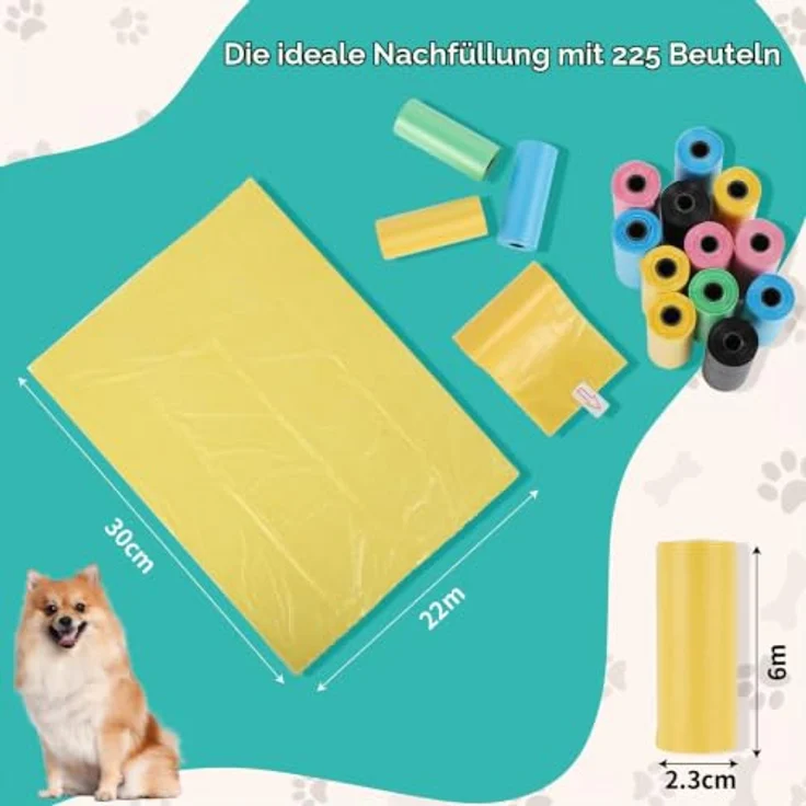 AiQInu 225 Stück Hundekotbeutel, Bunte Kotbeutel Rollen, Unparfümiert, 22 x 30 cm (15 Rollen, 15 pro Rolle) – Bild 2