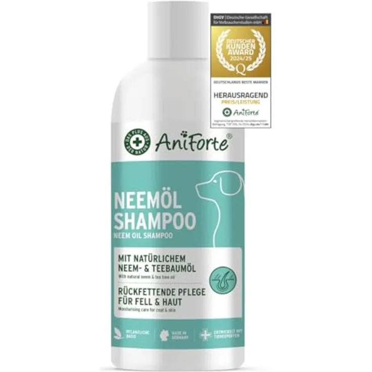 AniForte Neemöl Shampoo für Hunde 500ml - Hundeshampoo gegen Juckreiz, Milben, Flöhe & Zecken, pH-neutral, pflegend & leicht kämmbar, Hautfreundlich, angenehm im Geruch