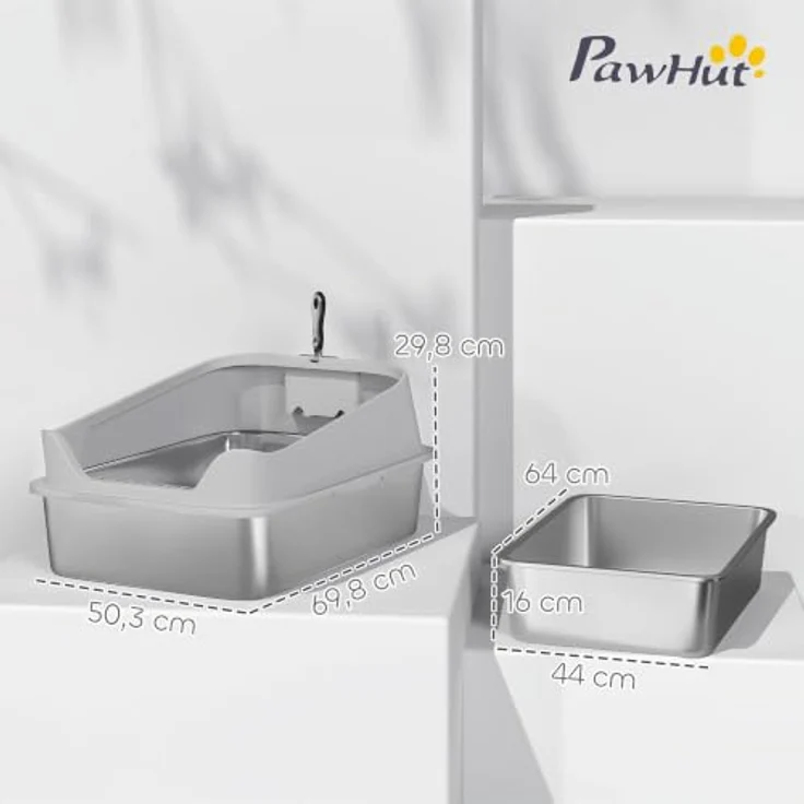 PawHut Offene Katzenklo Edelstahl, hohe Wände, für große Katzen bis 12 kg, grau, 69,8 x 50,3 x 29,8 cm – Bild 8