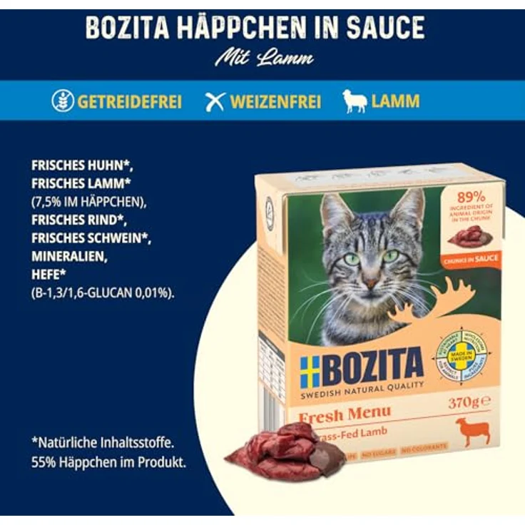 Bozita Tetra Häppchen in Sauce mit Lamm, 6x370g getreidefreies Nassfutter für Katzen, 7,5% Protein & 5% Fettgehalt, gentechnikfrei, schmackhaft – Bild 3