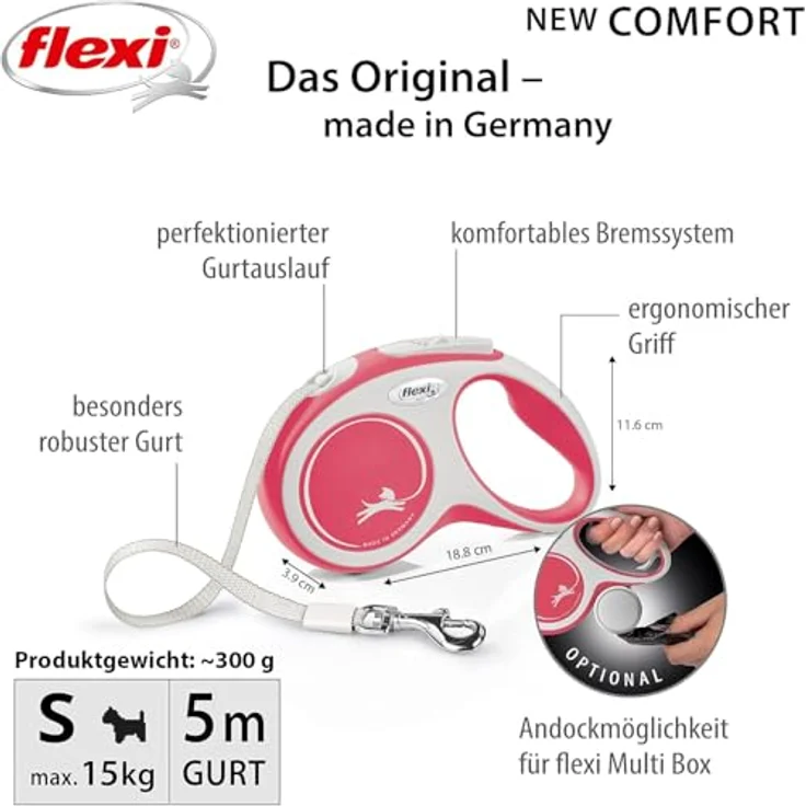 flexi Flexileine New COMFORT Gurt rot, Hundeleine mit Kurzhub-Bremssystem und verchromtem Haken – Bild 3
