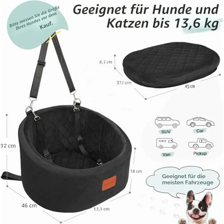 Lealchum Hunde-Autositz, Bequemer Haustier-Autositz mit Sicherheitsleinen, Waschbares Reise-Autobett, Rutschfeste Unterseite, Schwarz, Klein – Bild 2