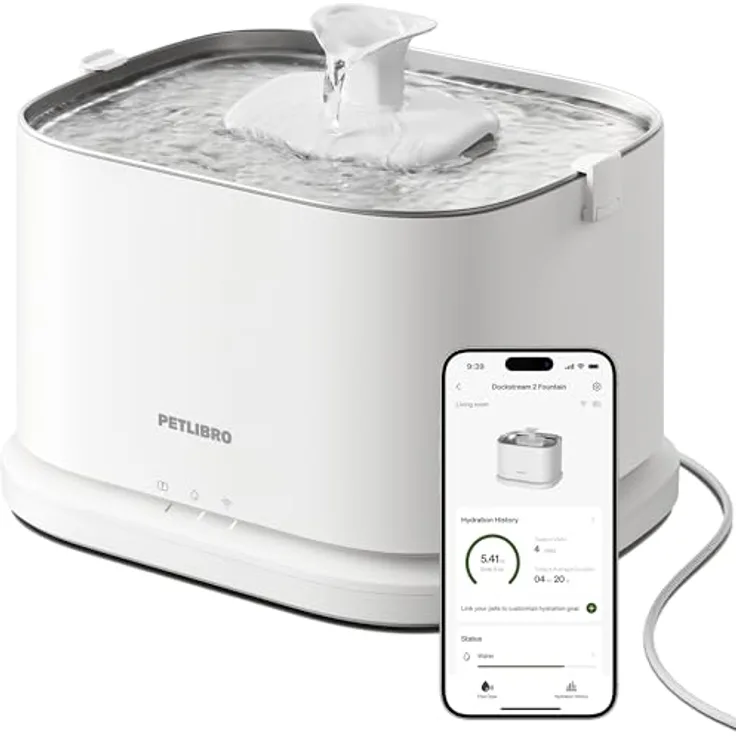 PETLIBRO Dockstream 2 Katzentrinkbrunnen, 3L Wasserbrunnen mit Edelstahlschale, Smart App-Überwachung, 5G WiFi, weiß