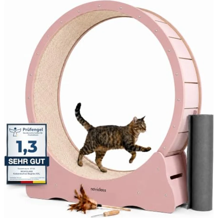 noviclass® Katzenlaufrad Baghira Groß XXL, 132 cm Durchmesser, inklusive Anti-Vibrationsmatte, kurzfloriger Teppich in Pink mit beigem Teppich – Bild 1
