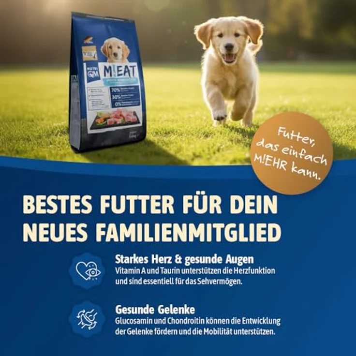 NutriQM® M!EAT Welpen Trockenfutter, getreidefrei, 7 kg (5×1,4 kg), mit Fischöl & Hühnerfleisch, ohne Zucker & Zusatzstoffe, Junior Trockenfutter Hund, Made in Germany – Bild 2
