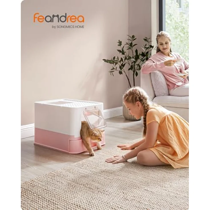 Feandrea Katzenklo PPT001P01, Katzentoilette mit Deckel, ausziehbarem Tablett, Schaufel und Bürste, auslaufsicher, für Katzen bis 15 kg, weiß-pastellrosa – Bild 2