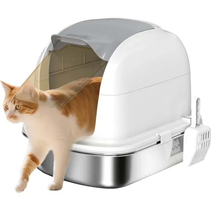 PawHut Katzenklo Edelstahl mit Deckel, geschlossene Katzentoilette inklusive Streuschaufel, für Katzen unter 5 kg, 52,4 x 41,3 x 42 cm, Weiß