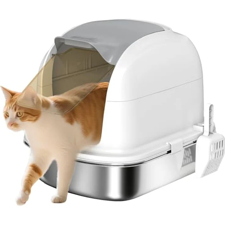 PawHut Katzenklo Edelstahl mit Deckel, geschlossene Katzentoilette inklusive Streuschaufel, für Katzen unter 5 kg, 52,4 x 41,3 x 42 cm, Weiß – Bild 1