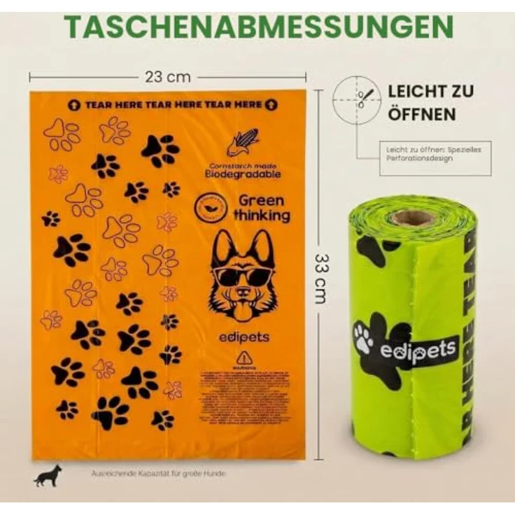 Edipets Hundekotbeutel biologisch abbaubar, 36 Rollen mit 540 Einheiten, extra dick und auslaufsicher, 23x33 cm, nicht parfümiert – Bild 2