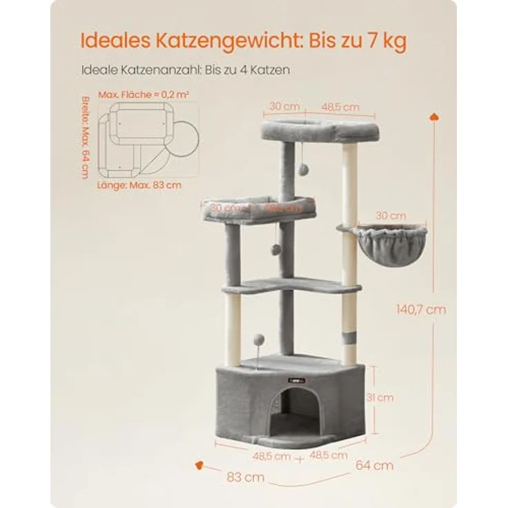 Feandrea Kratzbaum, Katzenbaum, 48,5 x 48,5 x 140,7 cm, Katzenkratzbaum mit großer Kuschelhöhle, großen Plattformen, Plüschbällen, Liegemulde, Taubengrau – Bild 5