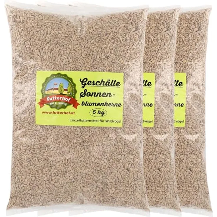 Futterhof geschälte Sonnenblumenkerne, 15 kg (3 x 5 kg) - Ideales Ganzjahresfutter für Meisen, Finken und andere Körnerfresser