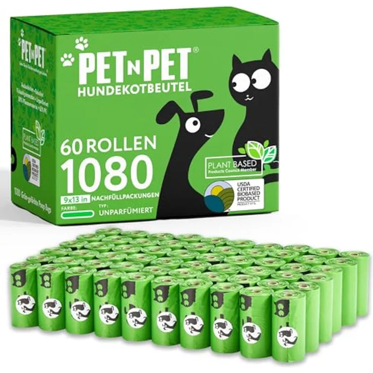 PET N PET Hundekotbeutel, 1080 Stück, biologisch abbaubar, 60 Rollen, Pea Green, extra dick und auslaufsicher