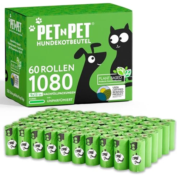 PET N PET Hundekotbeutel, 1080 Stück, biologisch abbaubar, 60 Rollen, Pea Green, extra dick und auslaufsicher – Bild 1