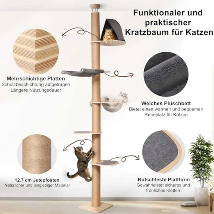 FUKUMARU Kratzbaum 6 Etagen, wandmontierter Katzenturm aus natürlichem Gummibaumholz, mit transparenter Raumkapsel und Hängematte, höhenverstellbar 220-300cm, grau – Bild 4
