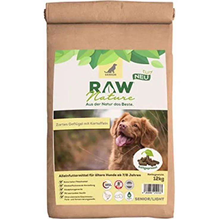 RAW Nature Trockenfutter Senior mit Huhn, 12kg, Kaltgepresstes, Getreidefreies Hundefutter, 100% Muskelfleisch, für alle Rassen und empfindliche Hunde