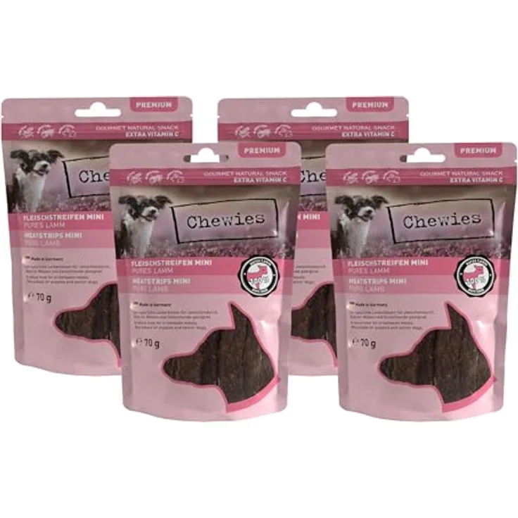 Chewies Fleischstreifen MINI Hundeleckerli 100% Lammfleisch, 4 x 70 g, hypoallergen & getreidefrei, luftgetrocknete Kaustreifen für kleine Hunde