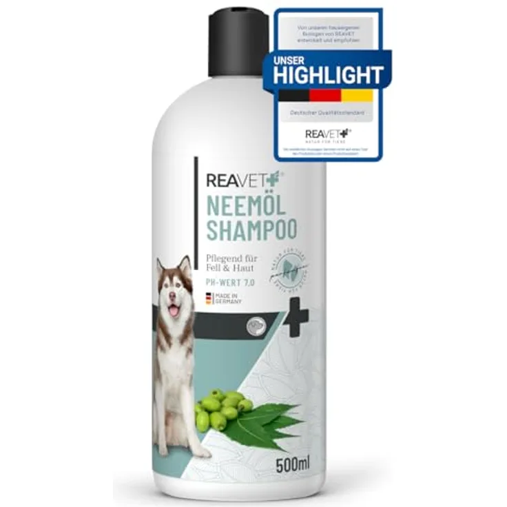 ReaVET Neemöl Shampoo für Hunde 500ml - Beruhigend gegen Juckreiz, Flöhe & Zecken, Hautfreundlich, Pflegend, Leicht kämmbar, Für alle Rassen geeignet