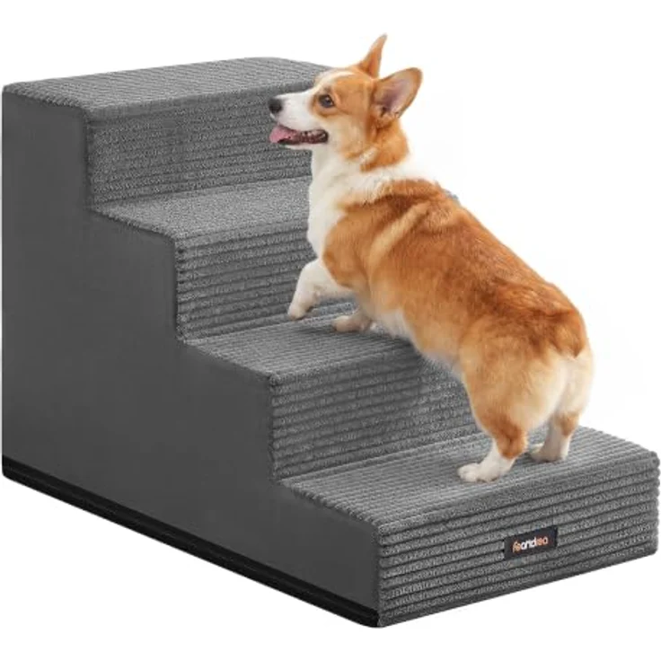 Feandrea Hundetreppe Baddi Kollektion PPS024GN01, 4 Stufen Katzentreppe aus hochdichtem Schaumstoff, 62 x 40 x 44 cm, Bleigrau, Waschbare Hunderampe für Kleine Hunde, Antirutsch-Oberfläche – Bild 1