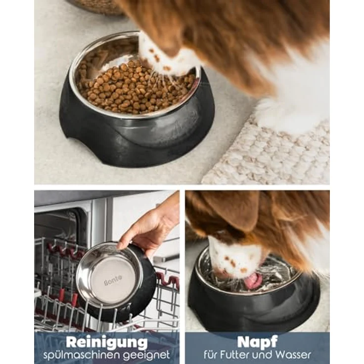 lionto Futternapf, Melamin mit Anti-Rutsch Boden, herausnehmbarer 940 ml Edelstahl-Napf, leicht zu reinigen, ergonomisches Design, schwarz – Bild 3