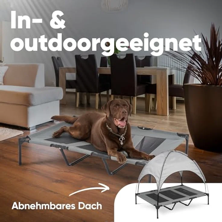 Deuline Hundeliege XL, erhöhtes Hundebett mit abnehmbarem Dach für Garten und Outdoor, 122x91x23/114cm, grau – Bild 5