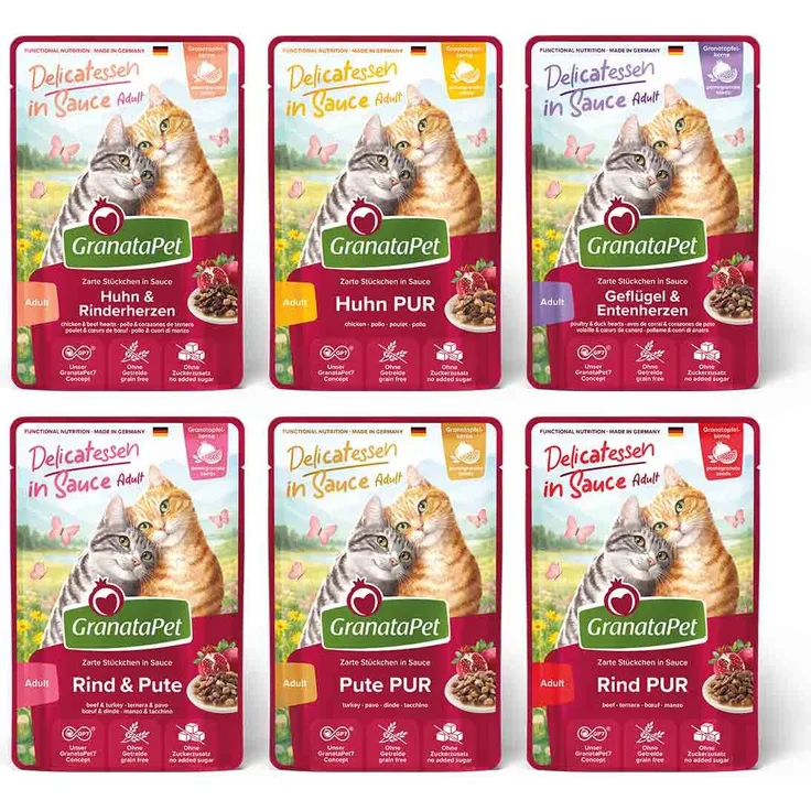 GranataPet Delicatessen in Sauce Multipack, Katzen-Nassfutter mit zarten Fleischstücken, 12x100g