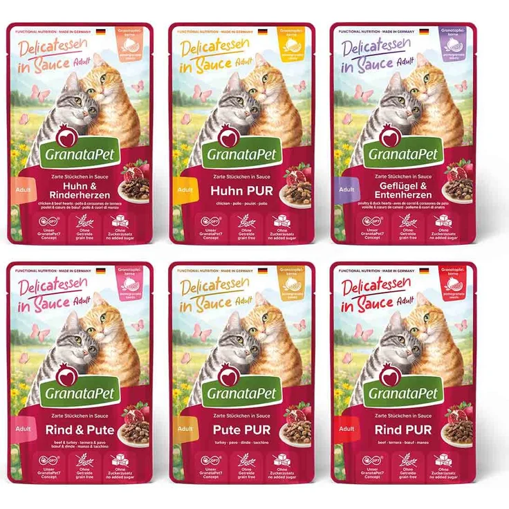 GranataPet Delicatessen in Sauce Multipack, Katzen-Nassfutter mit zarten Fleischstücken, 12x100g