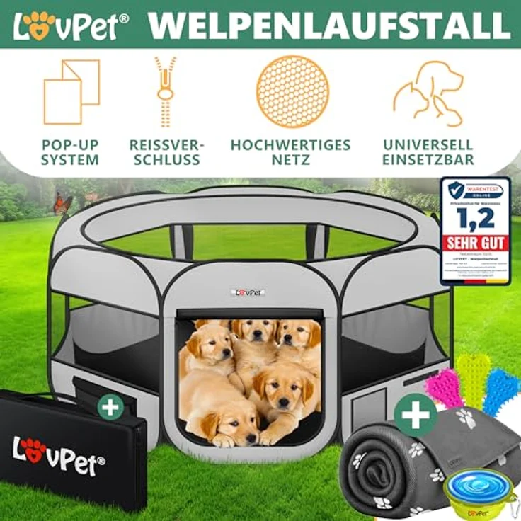 LOVPET® Welpenlaufstall, faltbar für Hunde und Katzen, 125 cm Durchmesser, inkl. Hundenapf und Fleece Decke, Oxfordgewebe, Pop-up System, hellgrau/schwarz, für Indoor & Outdoor – Bild 2