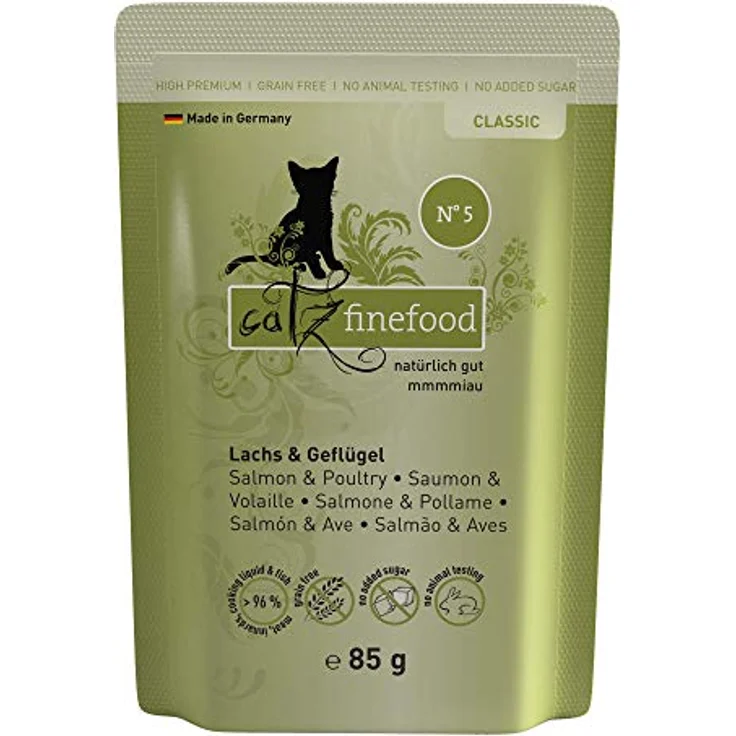 catz finefood Classic N° 5 Lachs & Geflügel, Gourmet Nassfutter für Katzen, ohne Zucker & Getreide, glutenfrei, mit 71% Fleischanteil, Made in Germany (16 x 85g Beutel) – Bild 1