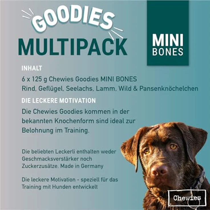 Chewies Hundeleckerli Mix 6 x 125 g, zuckerfreie Hundesnacks mit hohem Fleischanteil – Rind, Pansen, Geflügel, Lamm, Wild & Lachs (750 g) – Bild 5
