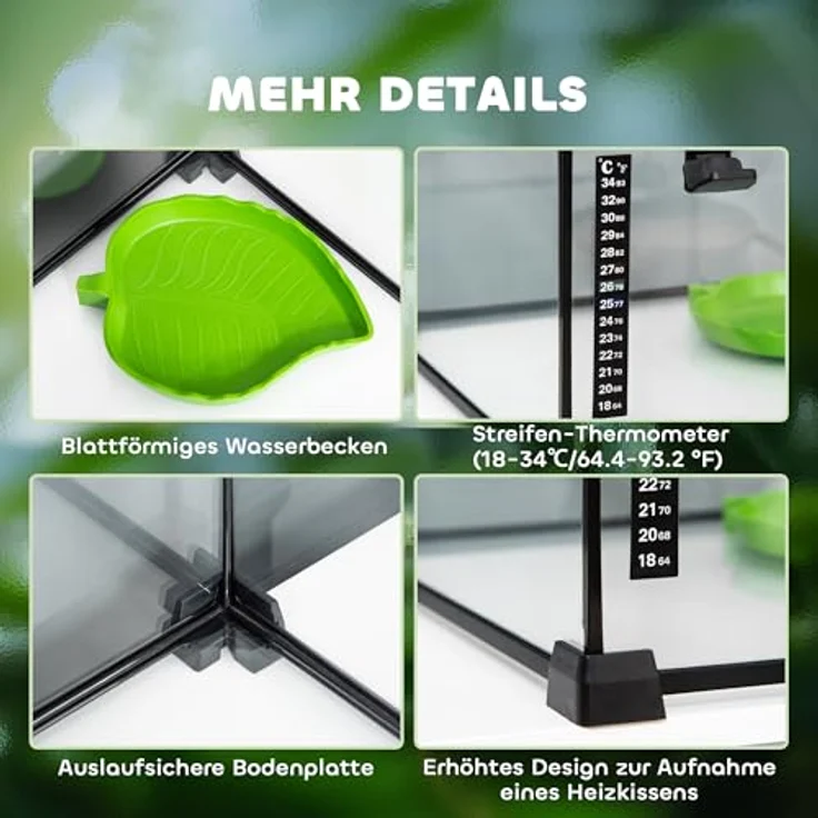 PawHut Terrarium für Reptilien, Glasterrarium mit Thermometer, wasserdicht und ausbruchsicher, schwarz, 50 x 30 x 25 cm – Bild 5