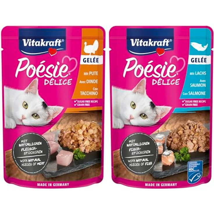 Vitakraft Poésie Délice, Meat and Fish Selection, Nassfutter Katze mit Putenbrust und Lachs, ohne Zucker und Getreide, 6x85g – Bild 3