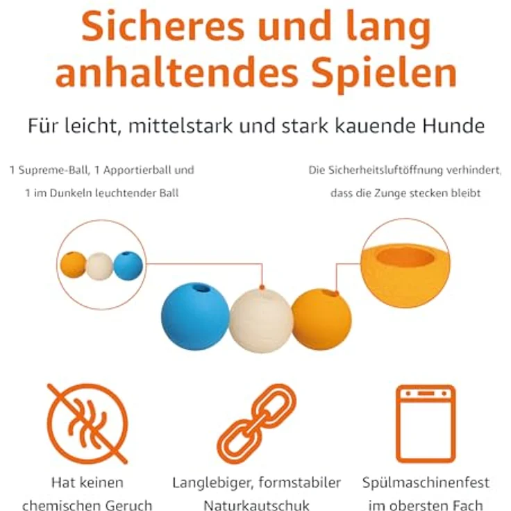 Amazon Basics Hundespielzeug-Vorteilspack, Gummibälle im 3er Set, 6.35 cm, Blau, Beige, Orange, haustiersicher und langlebig – Bild 2
