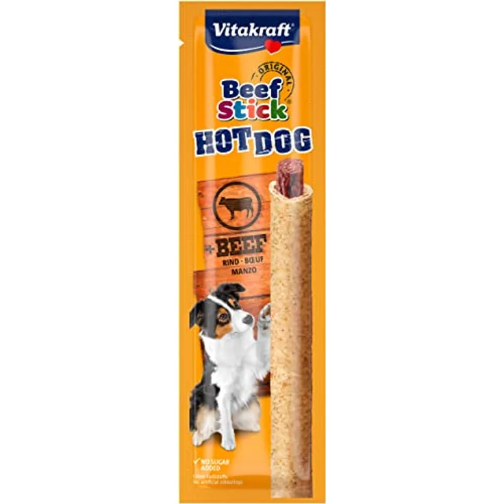 Vitakraft Beef Stick Hot Dog, Hundeleckerli aus Rindfleisch im Getreidemantel, ohne Zuckerzusatz, 30g