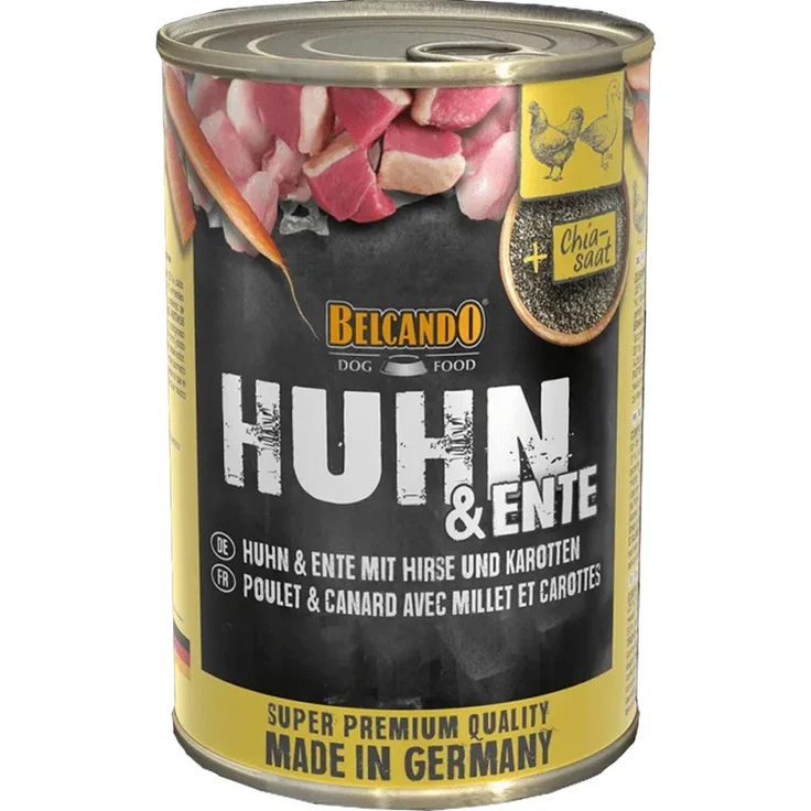 Belcando Feuchtnahrung Huhn und Ente mit Hirse und Karotten, 12x400g, naturbelassenes Hunde-Nassfutter ohne Konservierungsmittel