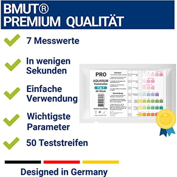 BMUT 50x 7in1 Aquarium Teststreifen für Teich, Wasseranalyse pH, Nitrit, Nitrat, GH-Wert, einfache Anwendung, inklusive deutscher Anleitung – Bild 2