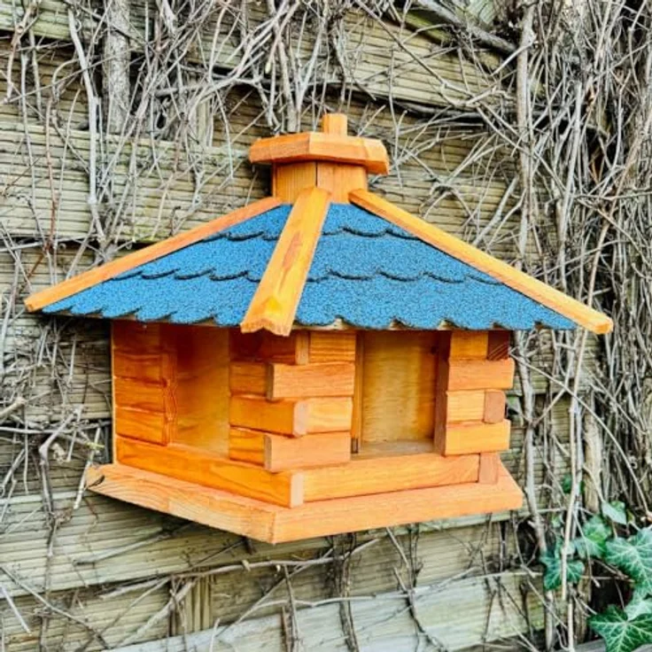 DARLUX XL Wand Vogelfutterhaus, handgefertigt aus wetterfestem Holz mit Bitumdach in Blau, inkl. Futterspender – Bild 4