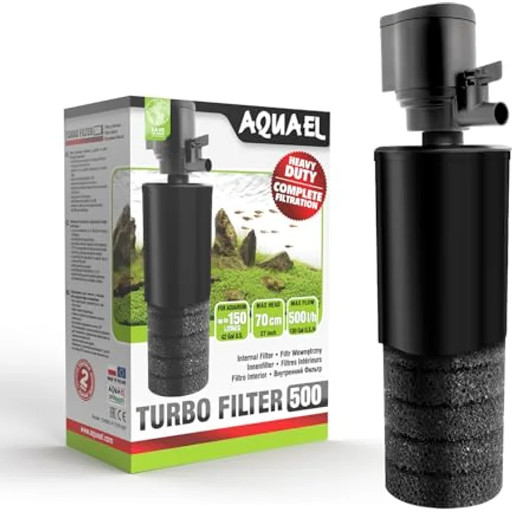 Aquael Filter Turbo 500, Innenfilter für Süßwasseraquarien bis 150 l, 500 l/h, 4,4 W, mit Belüftung und Durchflussregulierung