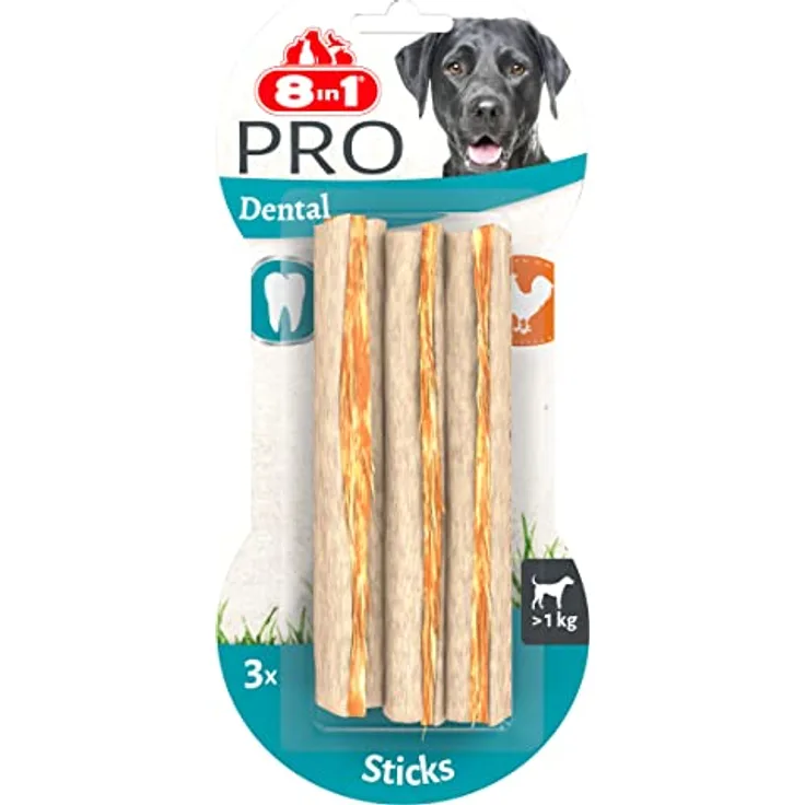 8in1 Delights Pro Dental Sticks, Hundefutter mit Hähnchen und Rinderhaut, zahnreinigend, 3 Stück à 75 g