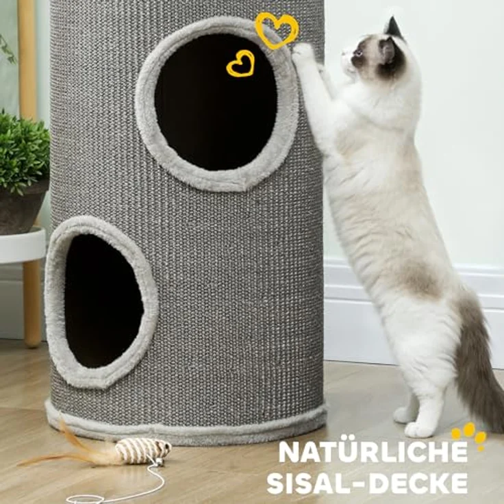 PawHut Kratztonne, 60 cm hoch Ø 35 cm, zweistöckig mit 2 Höhlen, Kratzbaum mit Plüschrand für 1-2 Katzen bis 5 kg, Hellgrau – Bild 4
