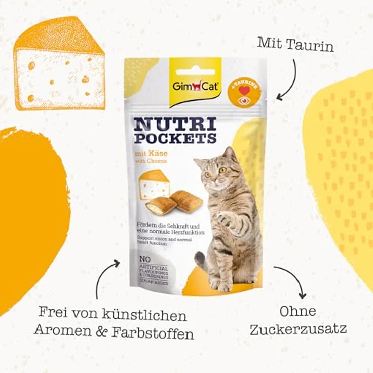 GimCat Nutri Pockets Käse, Knuspriger Katzensnack mit cremiger Füllung und Taurin, 60 g Beutel – Bild 3