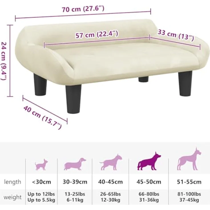 vidaXL Hundekorb Körbchen Hundebett Creme 70x40x24 cm Samt Hundesofa – Bild 3