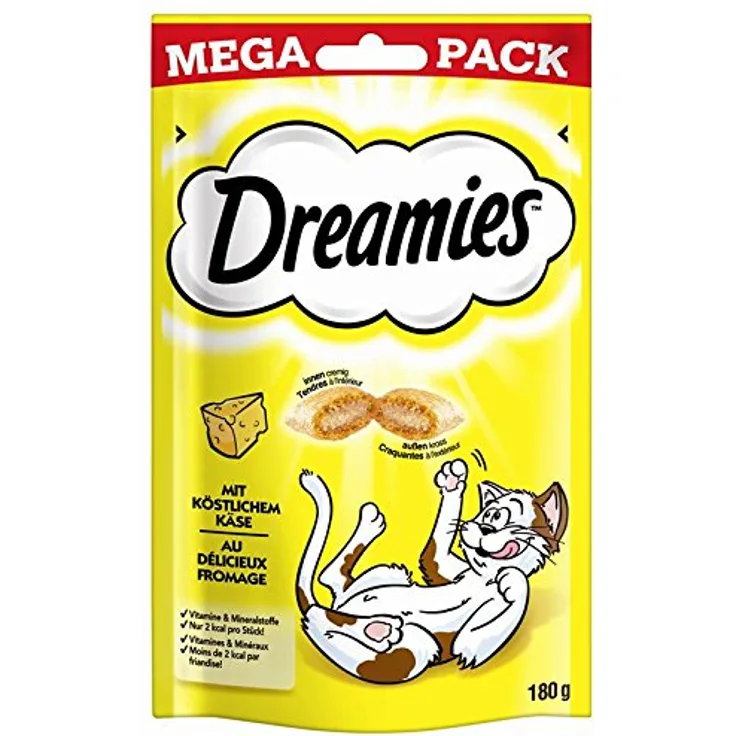 Dreamies Mega Pack 180g, Käse Snacks mit cremiger Füllung, wiederverschließbare Verpackung